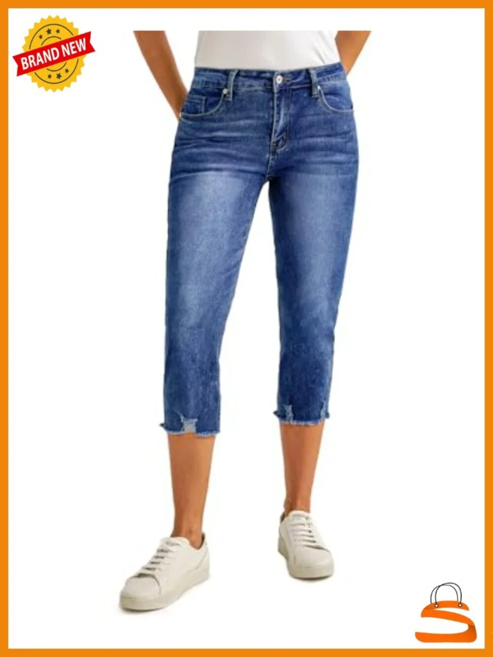 High Waisted Ripped Skinny Denim Capris Stretchy Jeggings with Pockets